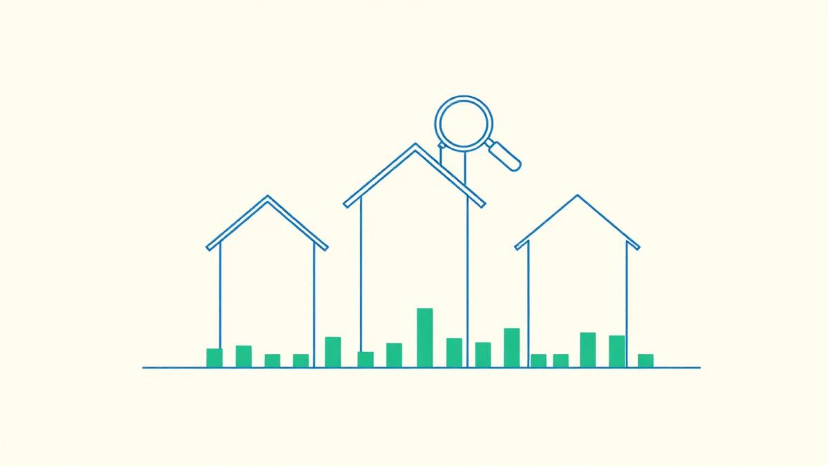 Schéma de pige immobilière : trois maisons cotées comme des bougies, loupe sur l'une d'elles